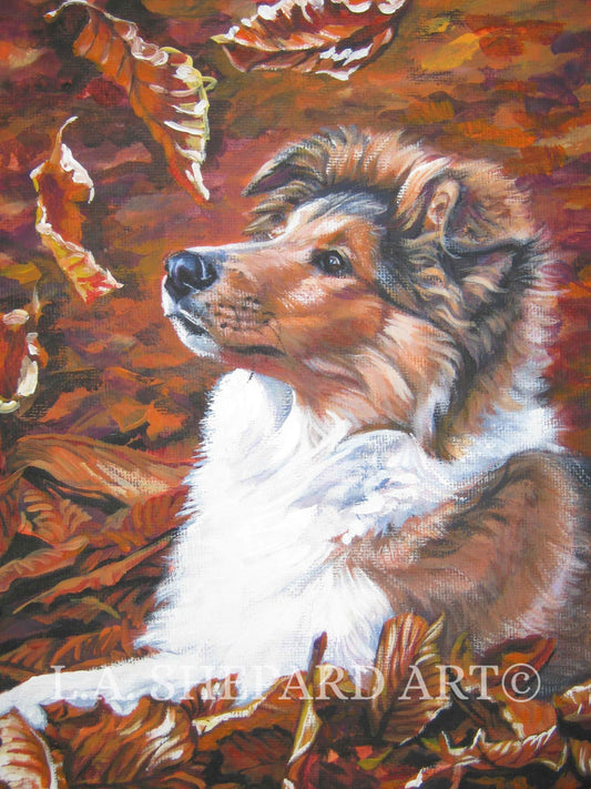 Rough COLLIE Dog PORTRAIT art print of LAShepard painting 8x10" autumn puppy