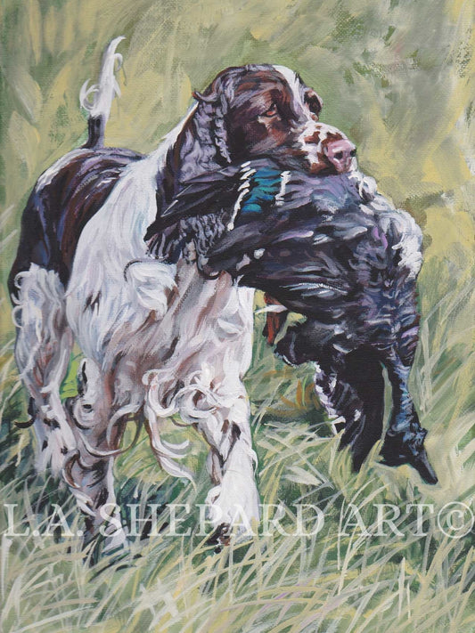 English SPRINGER Spaniel dog portrait art canvas PRINT of LAShepard painting 12x16" hunting dog