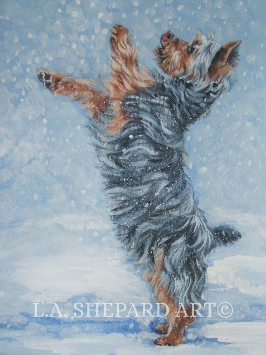 Yorkshire Terrier YORKIE xmas art PRINT of LA Shepard painting 8x10 dog art