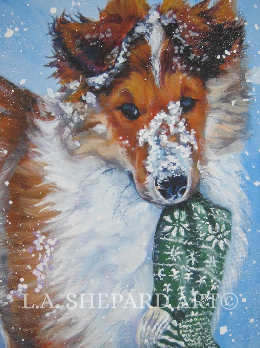 Rough COLLIE dog portrait PRINT of LAShepard painting 12x16" christmas puppy holiday art