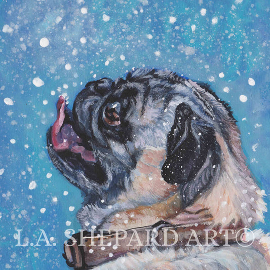 fawn PUG dog ART portrait canvas PRINT of LAShepard painting 12x12" xmas snow