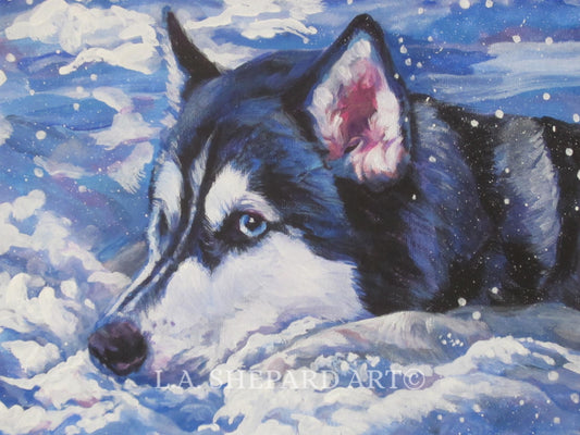 Siberian HUSKY SNOW dog art portrait canvas PRINT of LAShepard painting 12x16