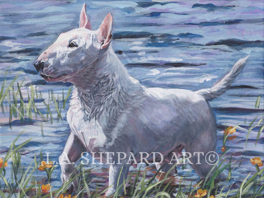 miniature BULL TERRIER dog art canvas PRINT of LAShepard painting 12x16"