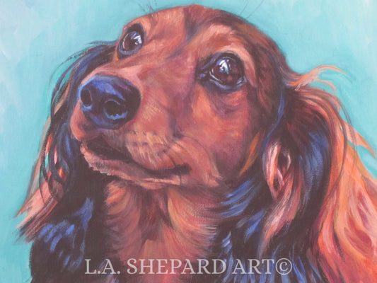 red long haired DACHSHUND dog art portrait print of LA Shepard dog painting 8x10"