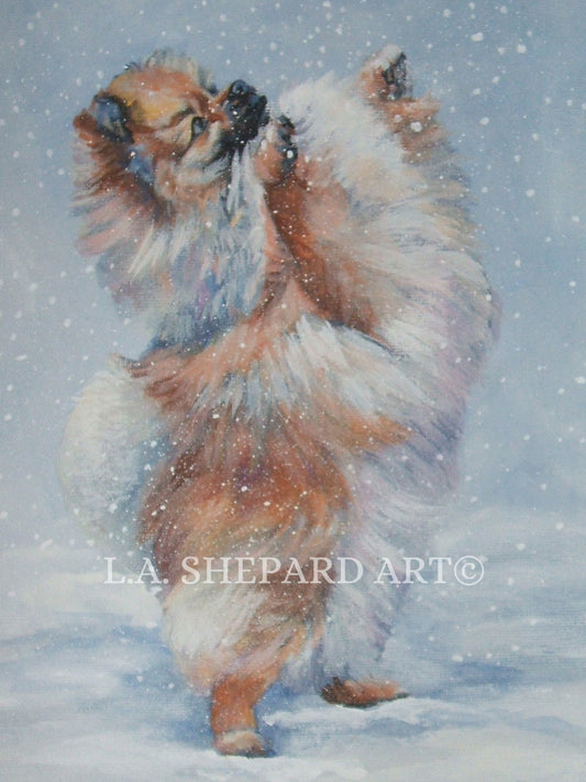 POMERANIAN dog art PRINT of LAShepard painting 12x16" winter snow