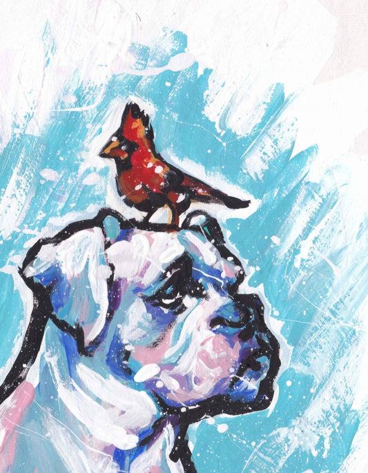 WHITE BOXER dog and cardinal ART print of modern pop art painting 13x19