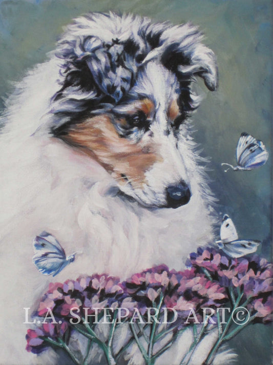 Rough COLLIE DOG ART portrait canvas print of LAShepard painting 12x16"