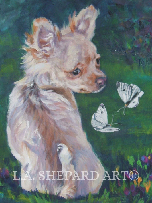 CHIHUAHUA dog portrait art  PRINT of LAShepard painting 8x10" butterflies