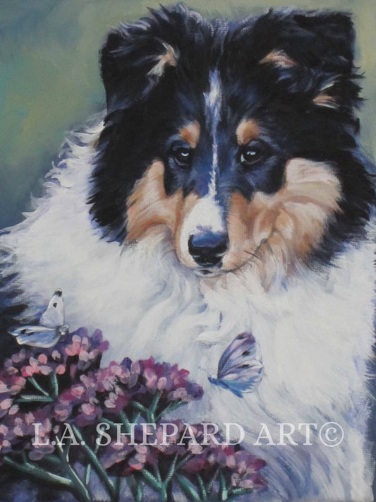 Rough COLLIE DOG pup art PORTRAIT canvas print of LaShepard painting 12x16"