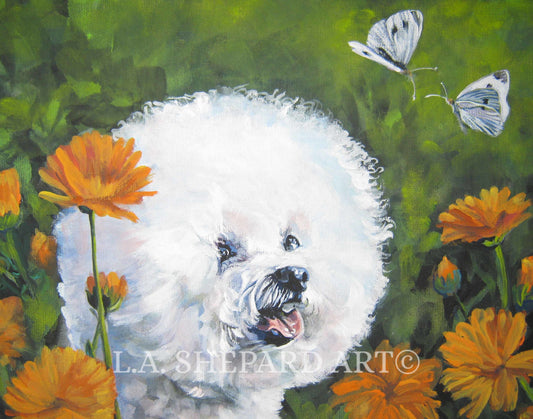BICHON Frise dog portrait ART Canvas PRINT of LAShepard painting 11x14"