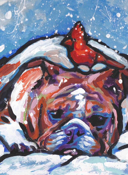 Bulldog and Cardinal winter Dog and cardinal art print of modern  pop art painting 13x19