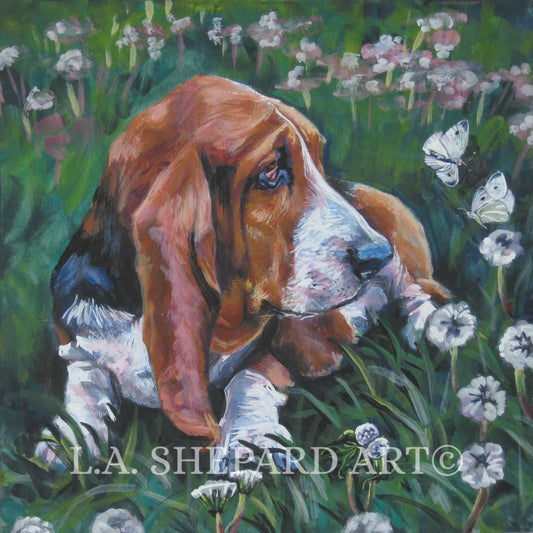 BASSET Hound dog art PORTRAIT canvas PRINT of LAShepard painting 12x12"