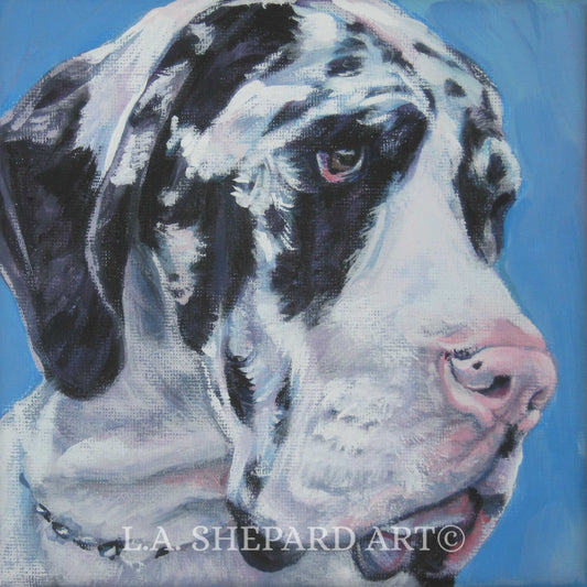 Harlequin GREAT DANE ART dog portrait print of LAShepard painting 12x12