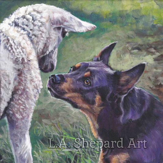 AUSTRALIAN KELPIE and sheep canvas PRINT of LAShepard painting dog art 12x12