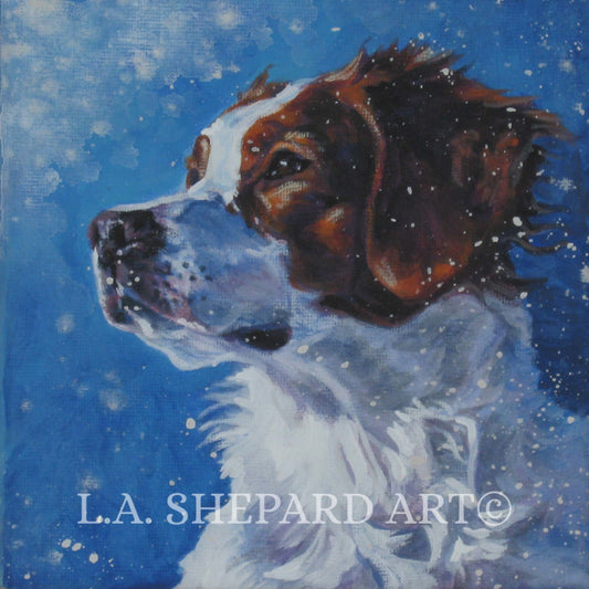 BRITTANY SPANIEL dog portrait art canvas PRINT of lashepard painting 8x8 xmas snow