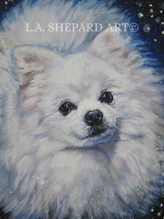 white POMERANIAN dog ART portrait canvas PRINT of LAShepard painting 12x16