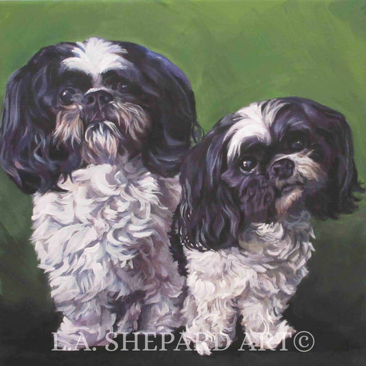 SHIH TZU dog art canvas PRINT of LAShepard painting 12x12" black and white pair
