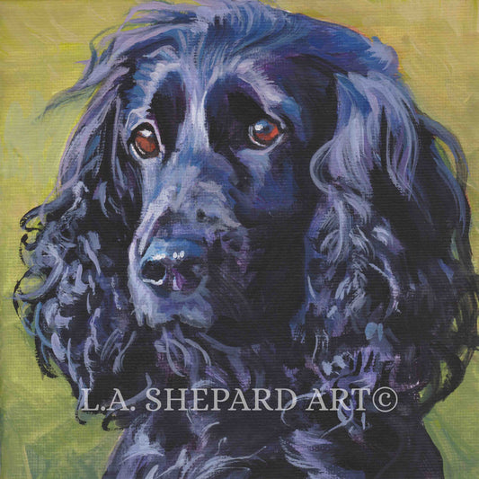 black English COCKER SPANIEL dog art portrait canvas print of LA Shepard painting 8x8"
