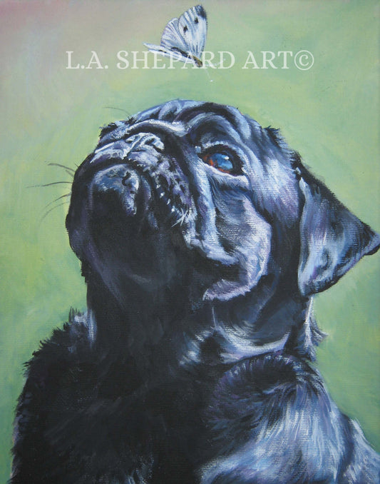 black PUG dog ART portrait canvas PRINT of LAShepard painting 8x10"