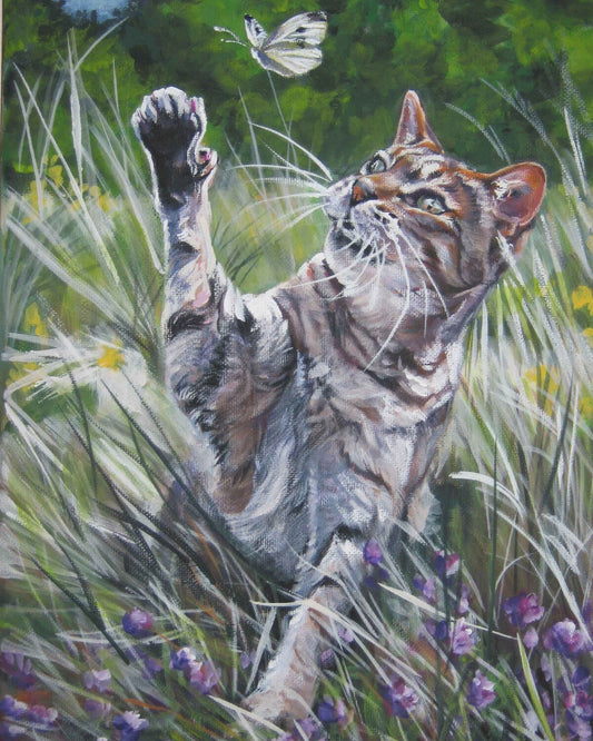 TABBY CAT art canvas PRINT of LAShepard painting 8x10" kitty and butterfly