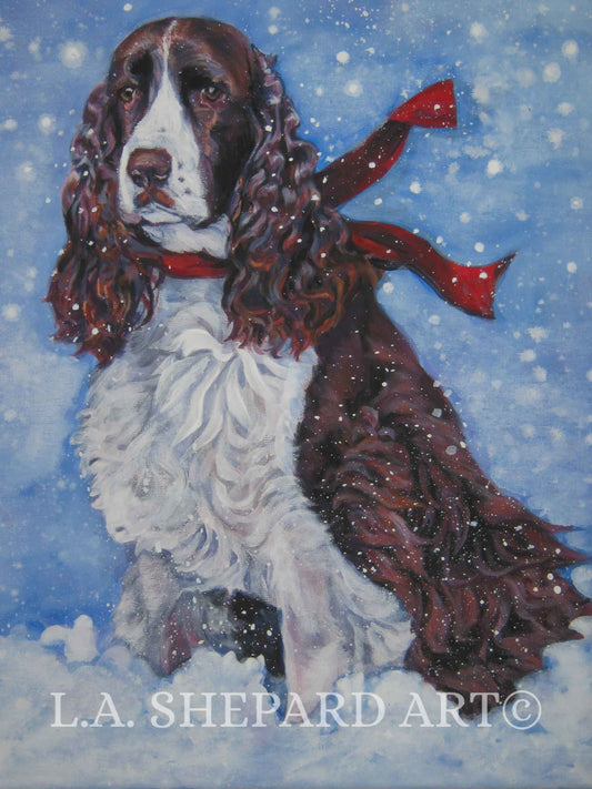 English SPRINGER SPANIEL dog portrait art canvas PRINT of LAShepard painting 8x10" holiday art