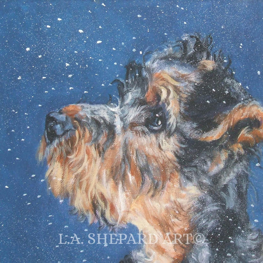 Airedale Terrier "Snowy Evening with my Airedale Terrier" Giclée print of original painting by LA Shepard