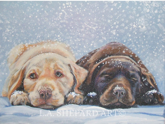 Labrador retriever LAB dog PUPS art PRINT of LAShepard painting 12x16 winter