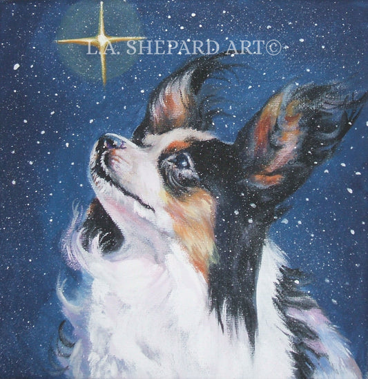 PAPILLON dog art portrait canvas PRINT of LAShepard painting 12x12" christmas star