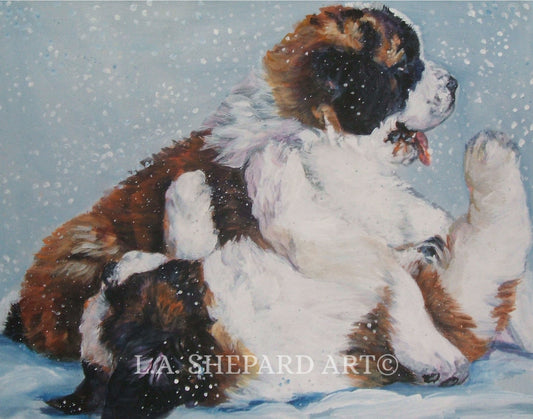 Saint Bernard "Saint Bernard Puppies in the Snow" Giclée Print of Original Painting by LA Shepard