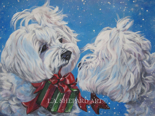 MALTESE dog portrait art canvas PRINT of LAShepard painting 12x16" christmas