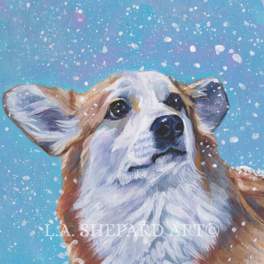 Pembroke Welsh CORGI dog art portrait Canvas PRINT of LAShepard painting 12x12" winter XMAS
