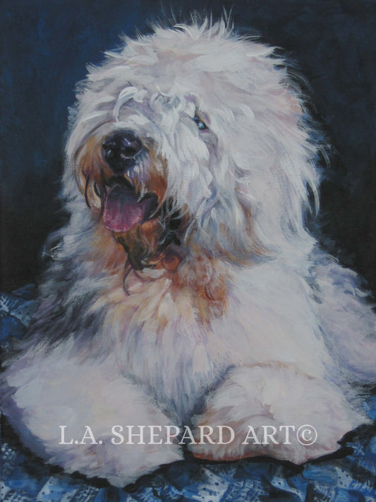 Old English Sheepdog dog portrait art OES PRINT of LAShepard painting 12x16