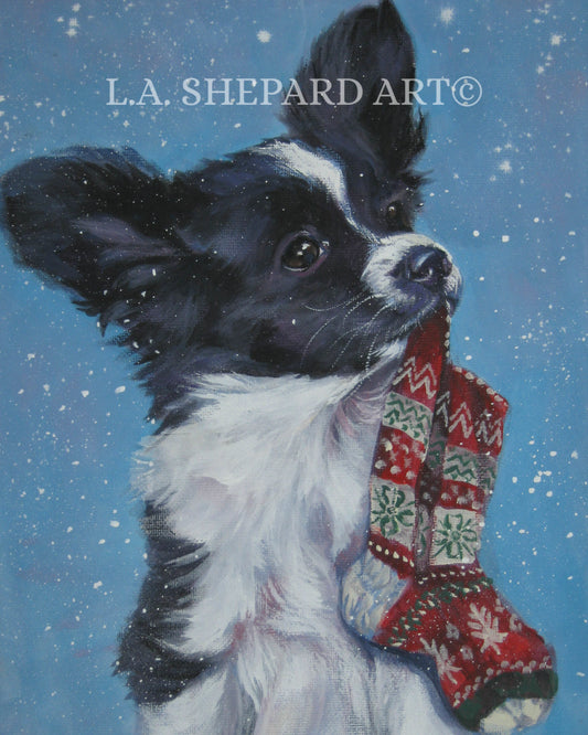 PAPILLON dog portrait ART PRINT of LAShepard painting 8x10 xmas snow