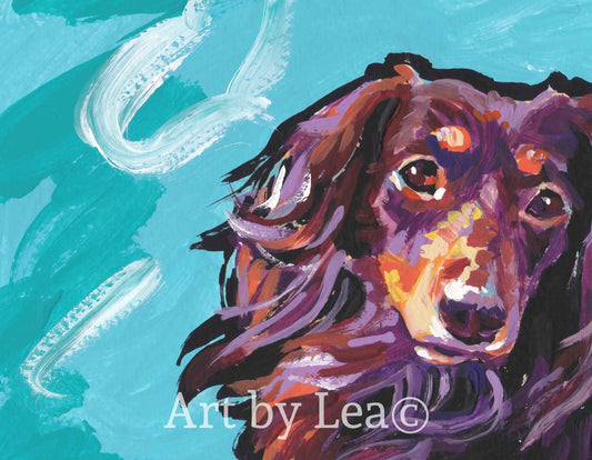 long haired chocolate Dachshund portrait art print of modern Dog pop art painting bright colors 8.5x11