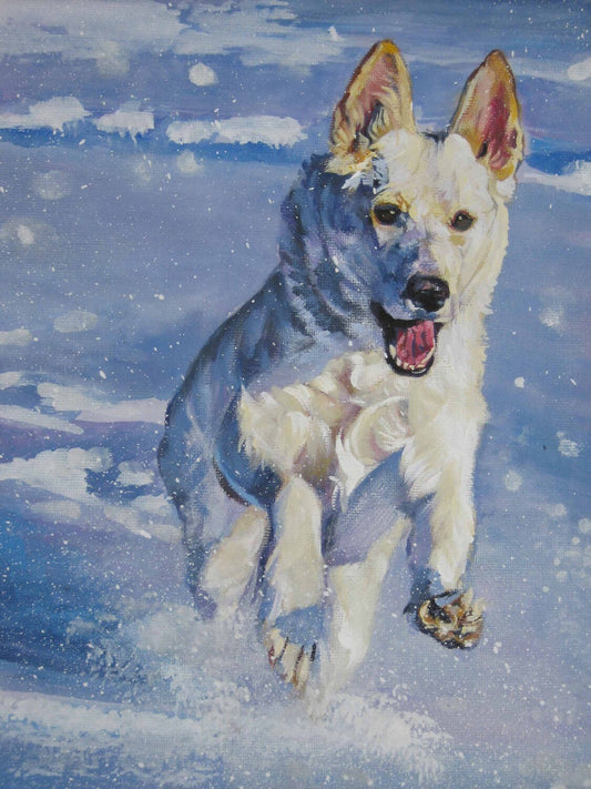 white German Shepherd dog art print of LA Shepard painting 12x16" winter