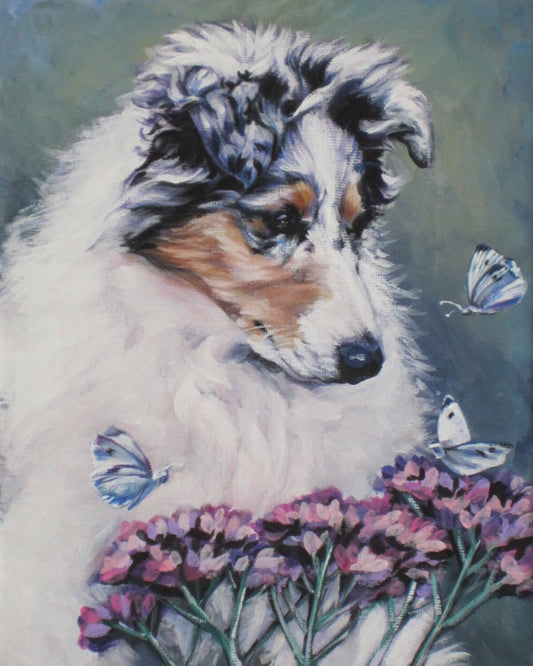 Rough COLLIE Dog Portrait art print of LaShepard painting 8x10" flowers and butterflies