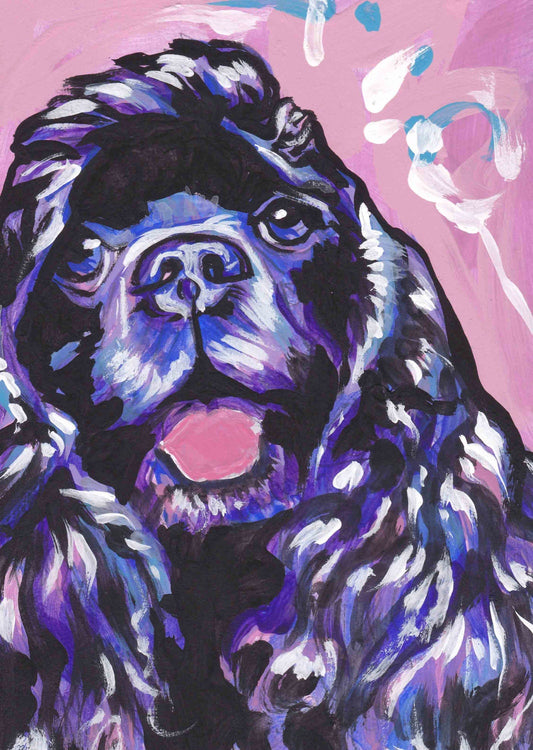 Black COCKER SPANIEL dog portrait art PRINT pop art bright colors 13x19"