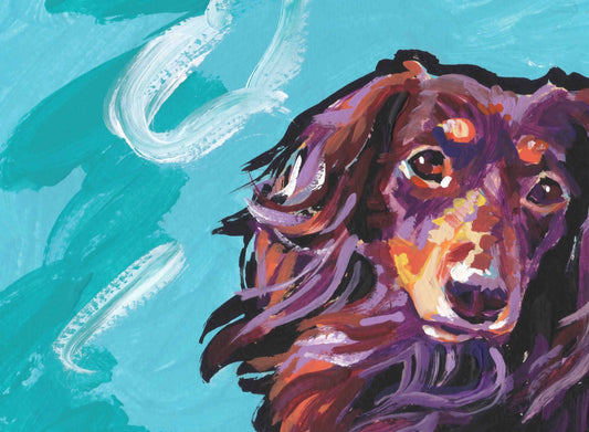 long haired chocolate Dachshund portrait art print og modern Dog pop art painting bright colors 13x19