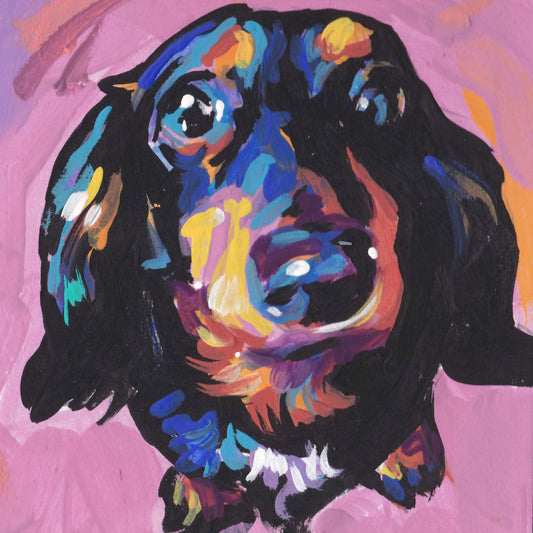 black and tan Dachshund portrait art print of pop art painting bright colors 12x12