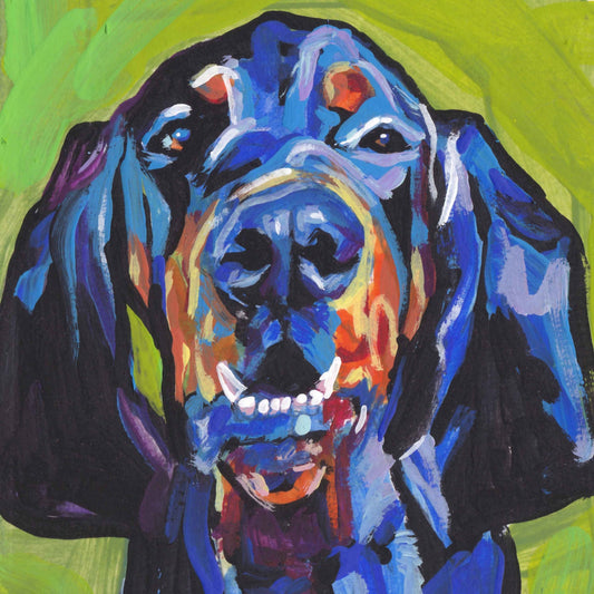 Black and Tan Coonhound portrait PRINT of modern colorful pop art dog painting 8x8"
