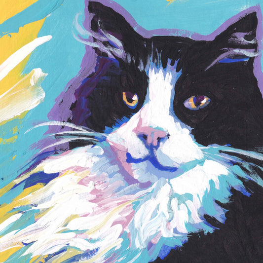 tuxedo Cat kitten art print of pop art bright colorful cat portrait painting 8x8"  by LEA