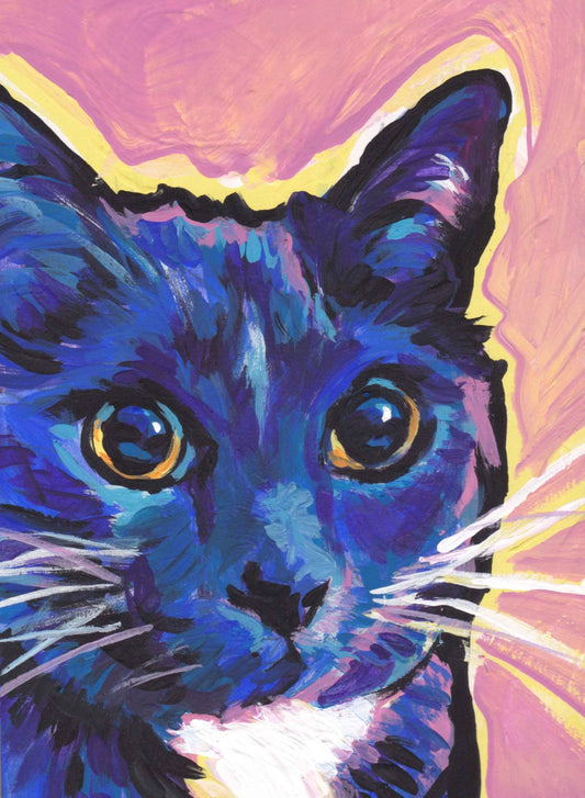 Blue and white CAT PORTRAIT PRINT of pop art bright colorful painting 13x19