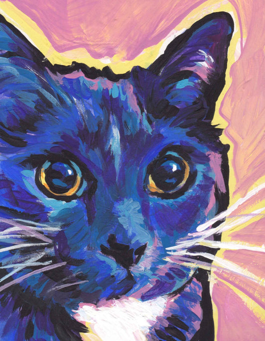 Blue and white Cat portrait art print of pop bright colorful painting 8.5x11