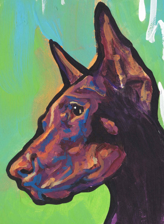 Red Doberman Pinscher dog art print of pop art painting bright colors 13x19"