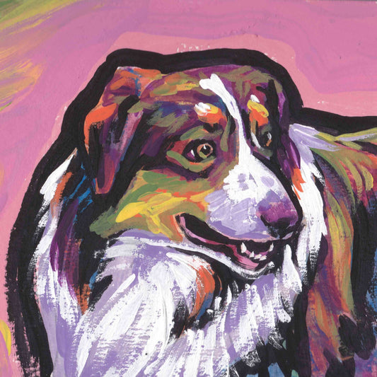red Australian Shepherd art print of aussie pop art dog painting bright colors 12x12"