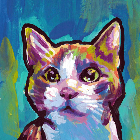fun Cat portrait art print of bright colorful pop art painting 12x12