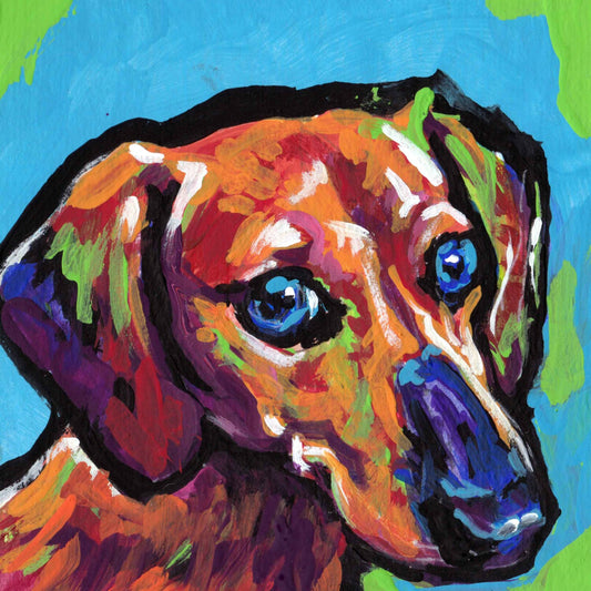 Red Dachshund portrait art print of modern Dog painting pop art bright colors 8x8