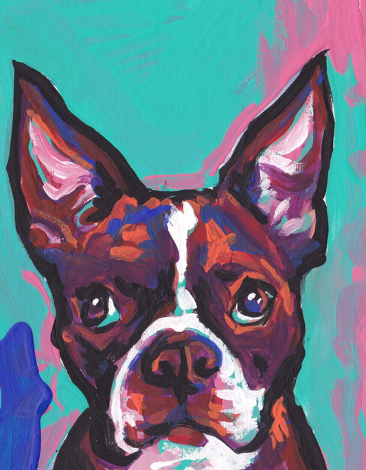 brown Boston Terrier portrait print of pop art dog painting bright colors 8.5x11" LEA